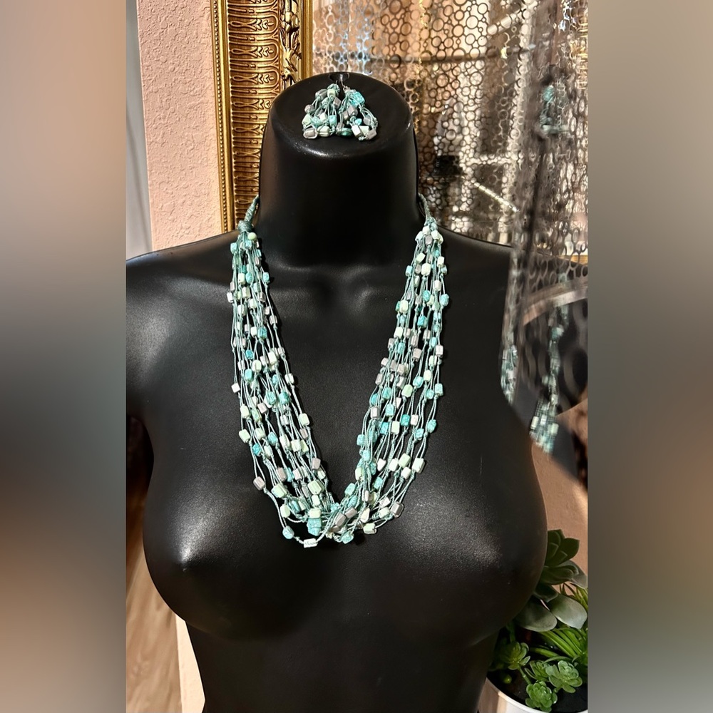 Necklace & Earrings Set Turquoise Shell Beaded Mermaid Net Multi-Strand Jewelry